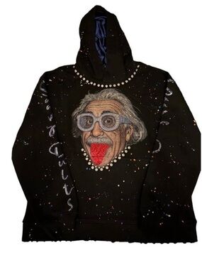 Sz large Black Hooded Sweater with Playful Albert Einstein Motif
